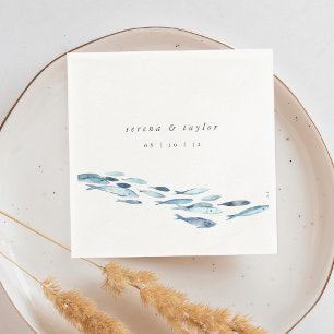 Elegant Coastal Blue Watercolor Fish Wedding Napkins