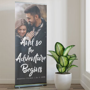 Elegant Cute ADVENTURE BEGINS Quote Photo Wedding Retractable Banner
