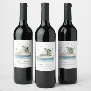 Elegant Dusky Cruise Ship Palm Seascape Wedding Wine Label