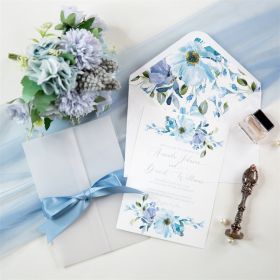 Elegant French Blue Floral Wedding Invitation Cards With Vellum Jackets CDI041