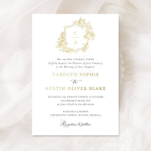 Elegant French Roses Floral Monogram Crest Wedding Foil Invitation