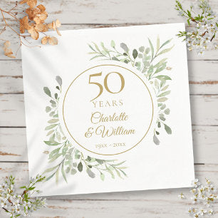 Elegant Gold 50th Anniversary Watercolor Greenery Napkins
