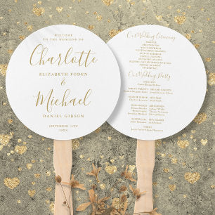 Elegant Gold Signature Script Wedding Program Hand Fan