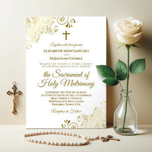 Elegant Gold & White Modern Catholic Wedding Invitation