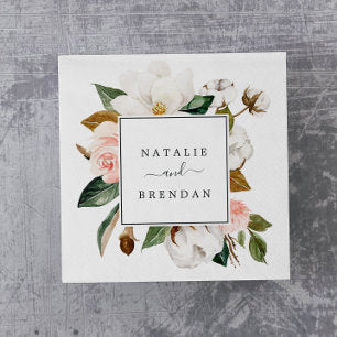 Elegant Magnolia White and Blush Wedding Napkins