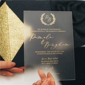 Elegant Monogram frosted Gold Acrylic Wedding Invitations CAM063