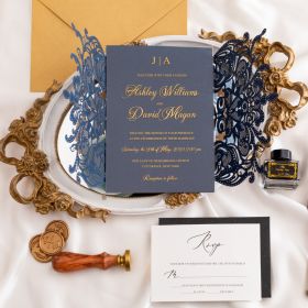 Elegant Navy and Gold Acrylic Wedding Invitation with Laser Cut Wrap CAPL025