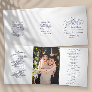 Elegant Navy Blue & White Wedding Tri-Fold Program
