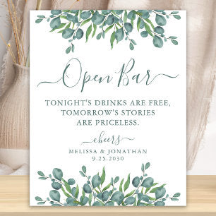 Elegant Open Bar Eucalyptus Personalized Wedding Poster