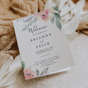 Elegant Pink Blush Floral Folded Wedding Program