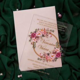elegant pink floral wreath acrylic wedding invitation card CA036