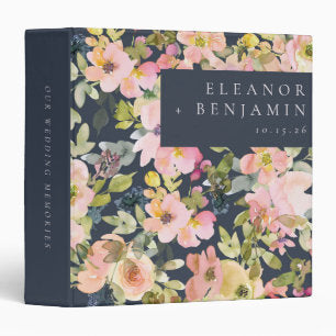 Elegant Pink Navy Watercolor Floral Custom Wedding 3 Ring Binder