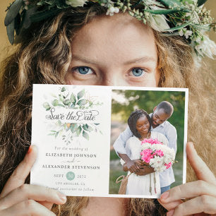 Elegant Rustic greenery eucalyptus wedding photo Save The Date