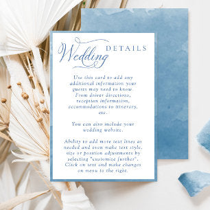 Elegant Script Blue Watercolor Wedding Details Enclosure Card