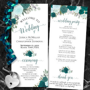 Elegant Teal Roses Boho Watercolor Floral Wedding Program