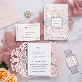 elegant upscale blush and silver glittery laser cut wedding invitation CLCI010