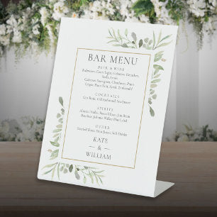 Elegant Watercolor Greenery Wedding Bar Menu Pedestal Sign