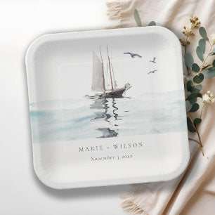 Elegant Watercolor Nautical Sailing Yacht Wedding Paper Plates