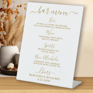 Elegant Wedding Bar Gold Personalized Drink Menu Pedestal Sign