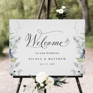 Elegant Wedding Welcome Sign White Blue Floral