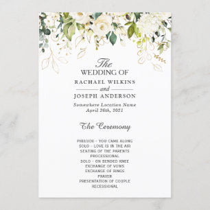 Elegant White Roses Floral Wedding Program