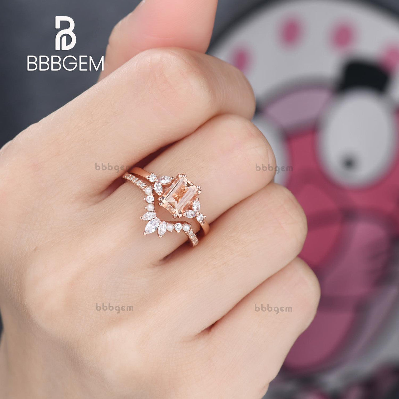 Emerald Cut Morganite Rose Gold Engagement Ring Set W/ Pearl Moissanite Nesting Band