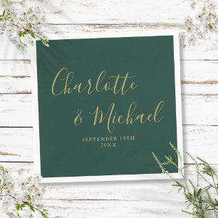 Emerald Green And Gold Elegant Signature Wedding Napkins
