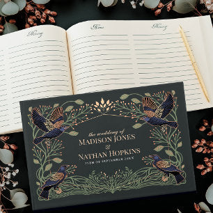 Enchanted Gothic Raven Floral Green Leaves Wedding Guest Book