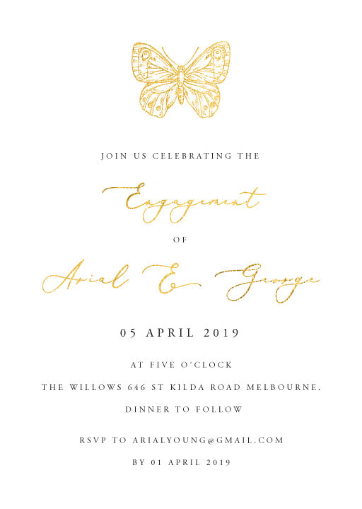 Golden Butterfly Engagement Invitations by Stella M.