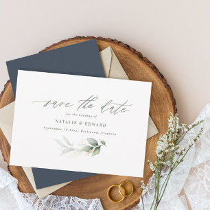 Eucalyptus navy blue, gold wedding save the date