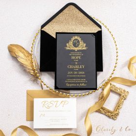 Classic Regal Monogram Black and Gold Acrylic Wedding Invitation Suite with Velvet Backer CAX163