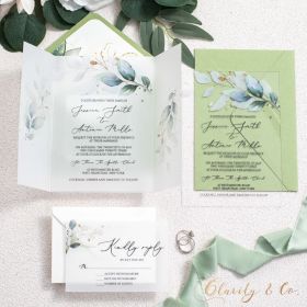 Serenity Greenery Acrylic Wedding Cards with Botanical Vellum Pocket CAPV034