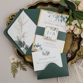 Affordable Emerald Green Botanical Wedding Invite with Gold Mirror Paper Backer CI509