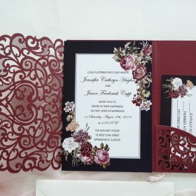 Blooms Around Every Turn-burgundy Laser Cut Pocket Fold Invitation CLCI243