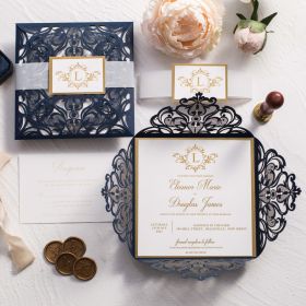 Midnight Elegance Black Four-Fold Laser Cut Invitation - A Timeless Masterpiece Swws328