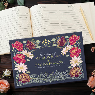 Fantasy Enchanted Red Pink Floral Garden Wedding Guest Book