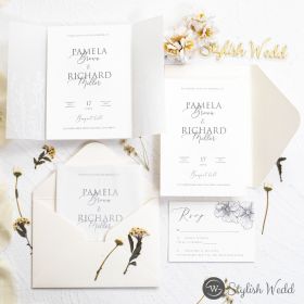 Timeless Floral Embossed And Black Calligraphy Letterpress Cotton Paper Invitation With White Foiled Vellum Pocket Swpi168