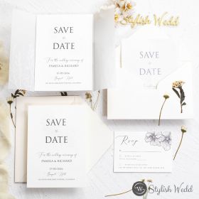 White Botanical Foil-Stamped Vellum Pocket With Elegant Floral Letterpress Cotton Paper Wedding Invitation Swtd030