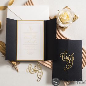 Exquisite Noir Pocket And Gold Foiled Invitation With Gold Acrylic Name Tag Swpi174T