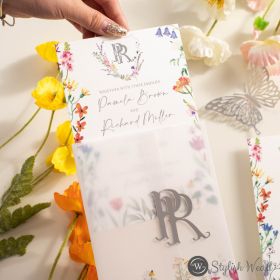 Modern Chic Boho Bright Wildflowers Letterpress Printed Cotton Wedding Invitation With Vellum Pocket And Silver Name Tag Swpi176T