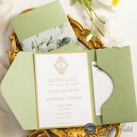 Botantial Green Pocket Gold Foil Printing Invitation With Vellum Printed Leaf Belly Band Swws366