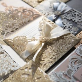 Stunning Champagne Glittery Laser Cut Wedding Invitation With Ivory Ribbon CLCI299