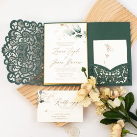 Greenery and Gold Laser Cut Tri-fold Pocket Wedding Invitations CLCI313