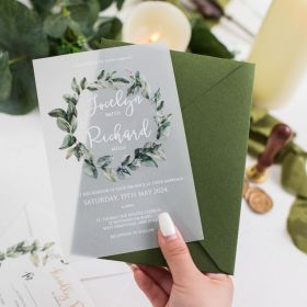 Enchanting Green Leafy Wreath Vellum Invitation Swi081