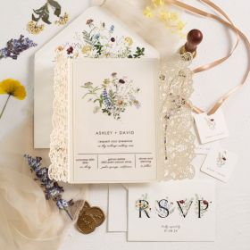 Ivory Lace Laser Cut Pocket With Botanical Designed Invitation And Tag CAPL033