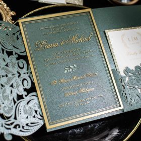 Emerald Green Tri-fold Laser-Cut Pocket with Gold Foil Printed Acrylic Invitation CAPL034