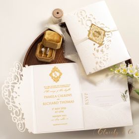 Luxurious And Simple Acrylic Invitations Suite with Classic White Pocket and Golden Name Tag CAPL081T