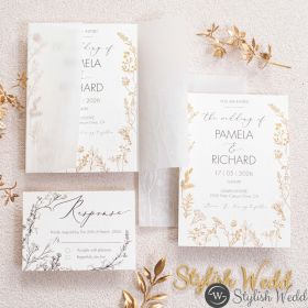 Vintage Golden Botanical Elegance Foil-Printed And Letterpress Cotton Wedding Invitation With Uv Printed Vellum Pocket Swpi166