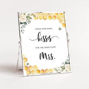 Floral bee how many kisses bridal shower game poster