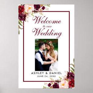Floral Burgundy Wedding Welcome Photo Poster